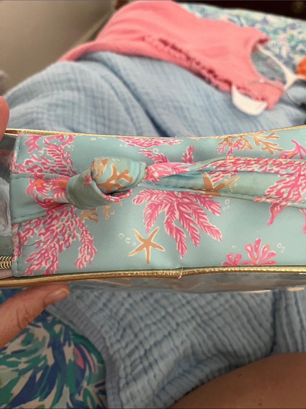 Lilly Pulitzer Clear 'BEACH' Cosmetic Bag in Aqua with Pink Coral - Picture 8 of 10